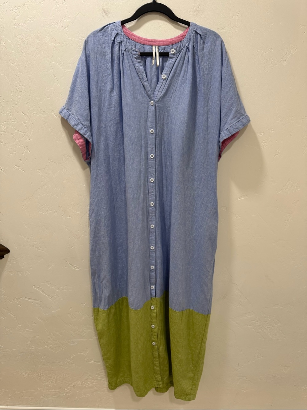 Anthropologie Linen Short Sleeve Maxi Dress Women's Large Blue Green Colorblock - Picture 5 of 16